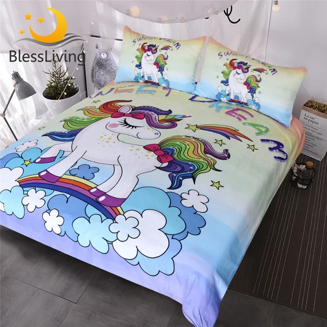 BlessLiving Unicorn Kids Bedding Duvet Cover Set Cute Magical Unicorn with Rainbow 3 Piece Teen Girl Purple Yellow Bedspreads 1