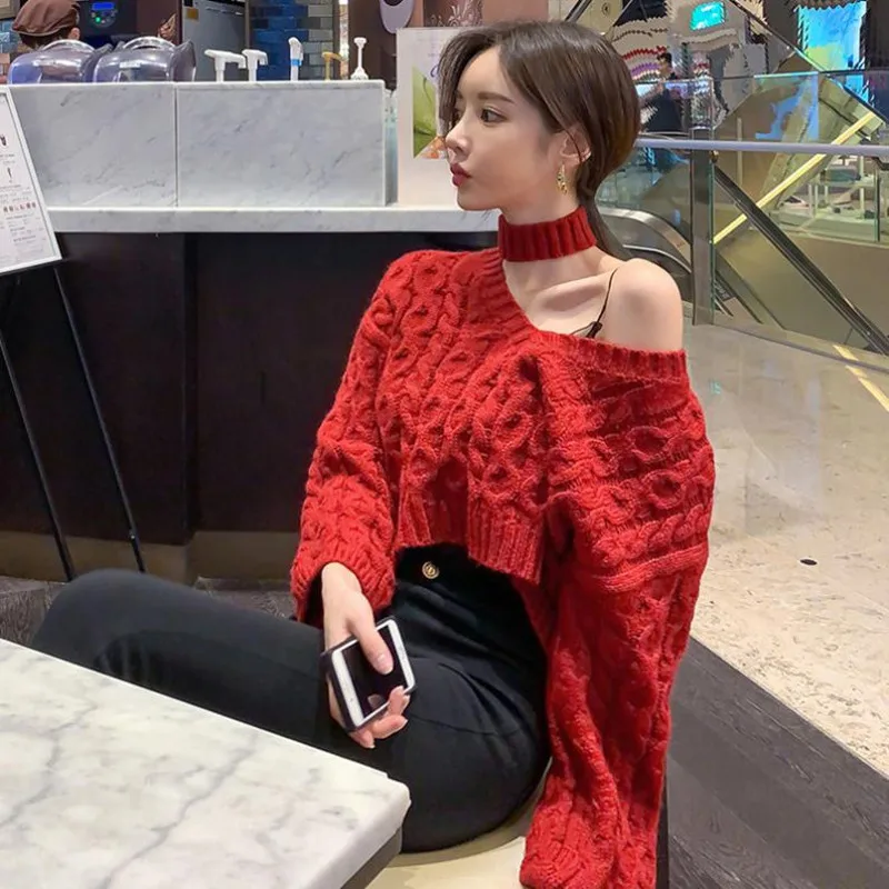 

Winter Knitted Sweater For Women Sexy V-Neck Red Woven Short Sweater Puff Sleeve Strapless Christmas Tops Pullover Female