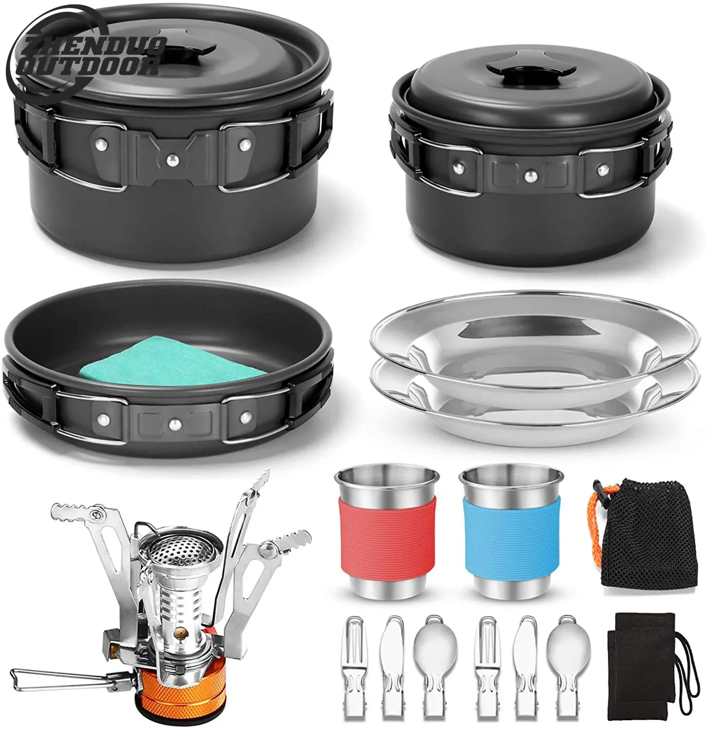 

16pcs Camping Cookware Kits Portable Pot Pan Cup Teaport Set Folding Cooking Set Picnic Tableware Detachable Furnace Outdoor