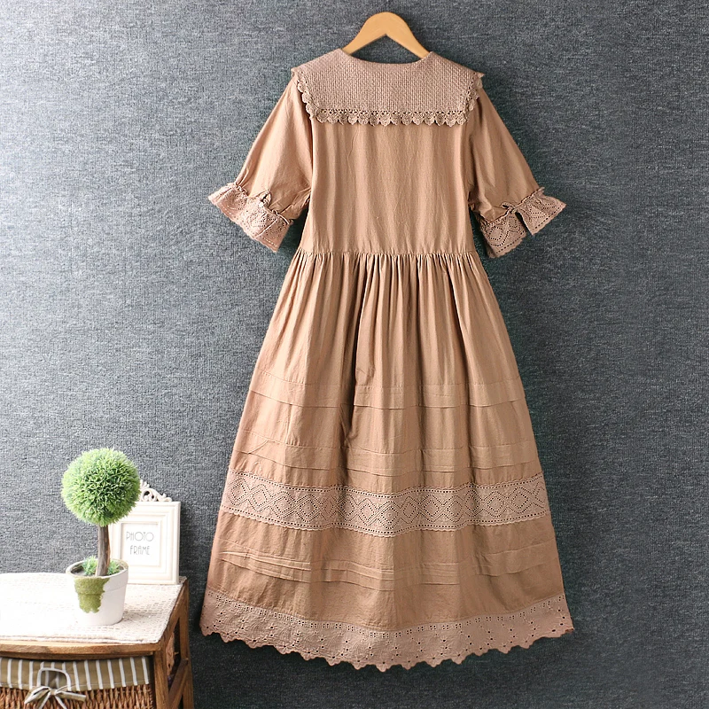 

Summer New Japan style Sweet Solid Embroidery Pleated Dress Short Sleeve Casual Double Pockets Dress
