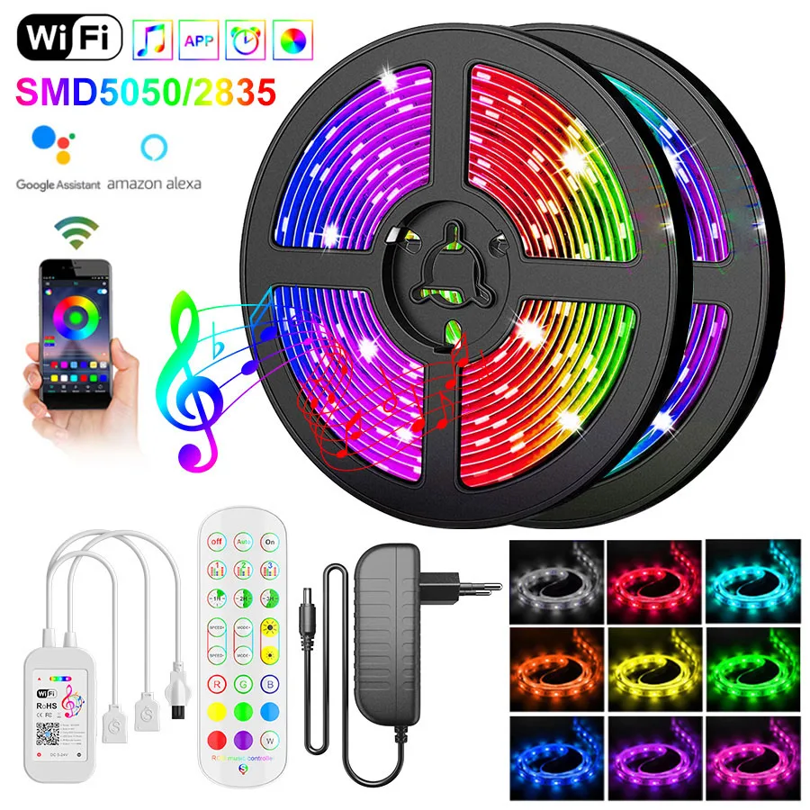

WIFI 5050 RGB LED Strip Light 10M 15M luces led Waterproof Diode Tape 2835LED Strip Ribbon Adapter LED lights Phone APP Remote