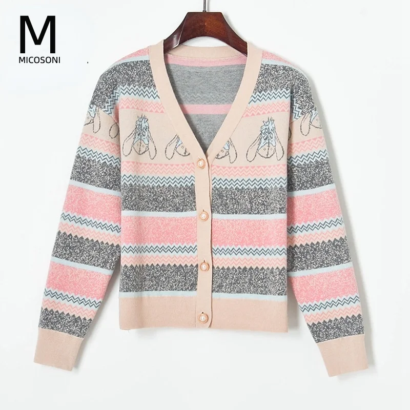 

Micosoni 2022 Spring Jacquard Donkey Head Pattern Color Stitching Stripe Long Sleeves V-neck Knitted Cardigan Women's Sweater