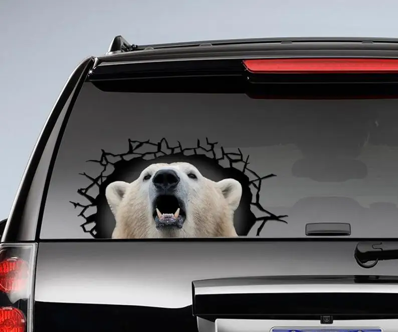

cracked window decal , Polar bear 3D sticker, white bear decal