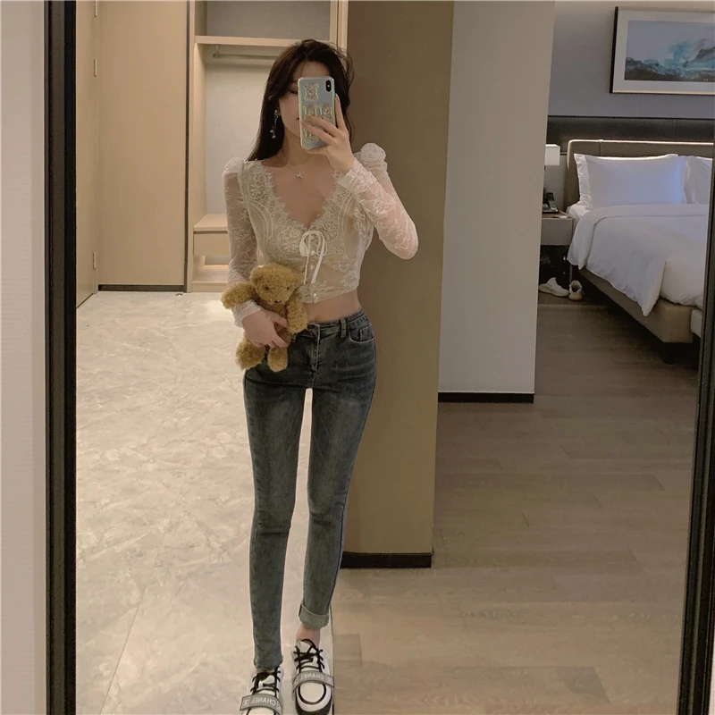 

Autumn Winter Womens Tops and Blouses Long Sleeve V-neck Lace Trim Single Breasted Korean Chic Ladies Blusas Vintage Vestidos