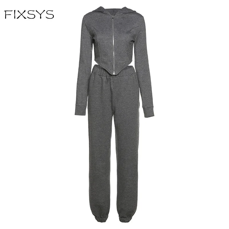 

FIXSYS Cotton Solid Matching Sets 2020 Autumn Full Sleeve Zipper Tops+Pants Outfits Fashion Fitness Casual Two Piece Set Women