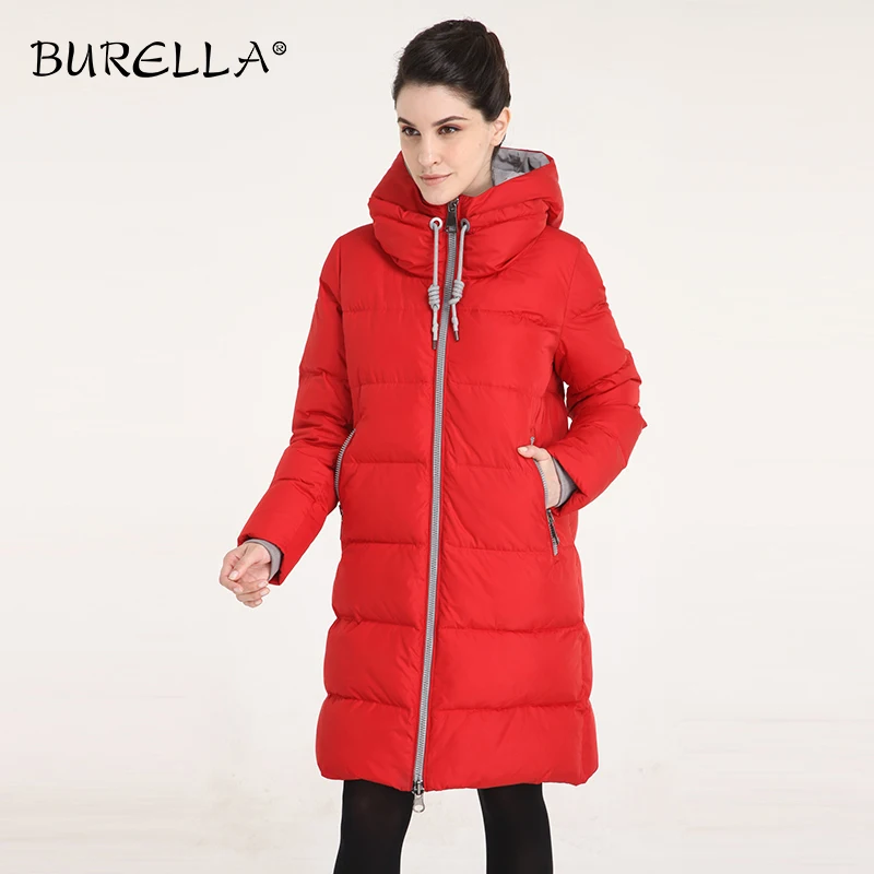 Женский однотонный пуховик BURELLA белый до колена с длинными рукавами и утиным