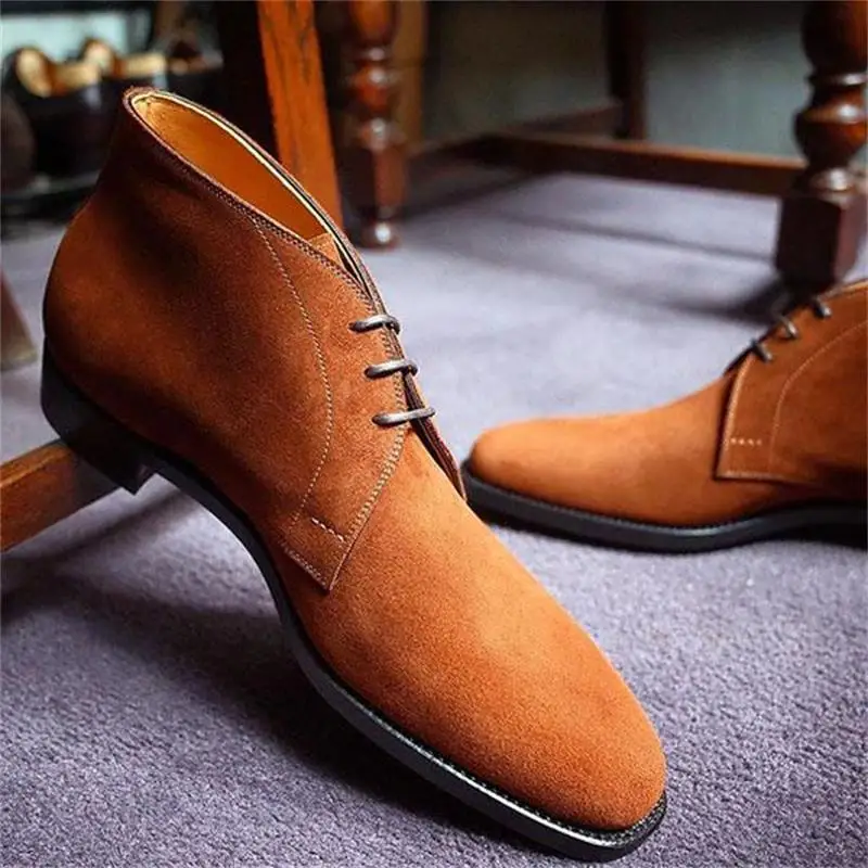 

2021 New Men Shoes Handmade High-grade Tan Faux Suede Low-top Lace-up Round Toe Low-heel Classic Fashion Dress Boots HL823