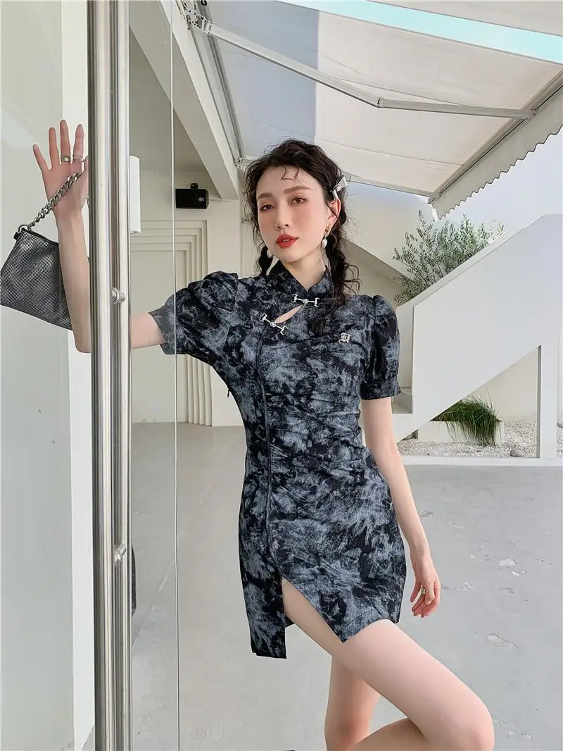 

Retro chic dark mid-length printed long-sleeved shirt + loose short-sleeved suit jacket women's suit dresses for women