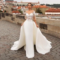 luxury mermaid wedding dresses 34 sleeve back button design detachable train 2 in 1 lace applique wedding gowns spoon collar