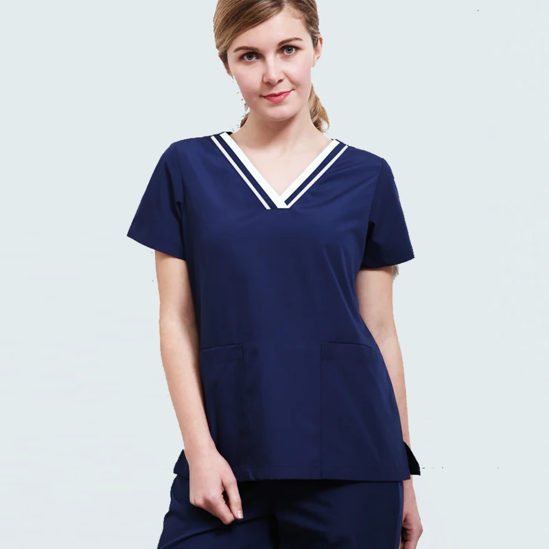 

Women's Medical Uniforms V Neck Scrub Top and Elastic Waistline Scrub Pants Short Sleeves Color Blocking Health SPA Set Cotton