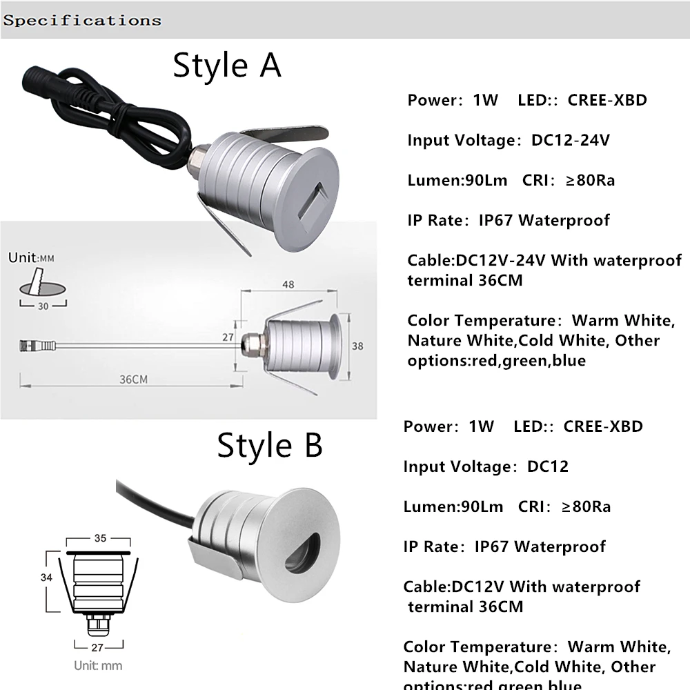 IP67 Водонепроницаемый светодиодный светильник для ног 1 Вт утопленный крыльца