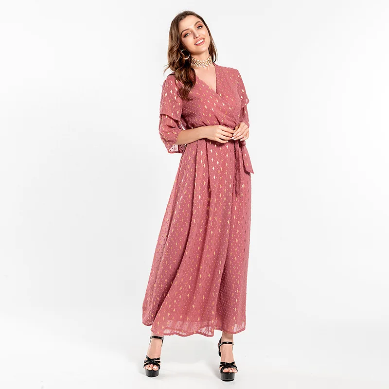 Dubai Jalabiya Dress Loose Long Braided Trim V Neck Women Muslim Arabic Ethnic Abaya Gown Oman Morocco Kaftan Party Evening Eid