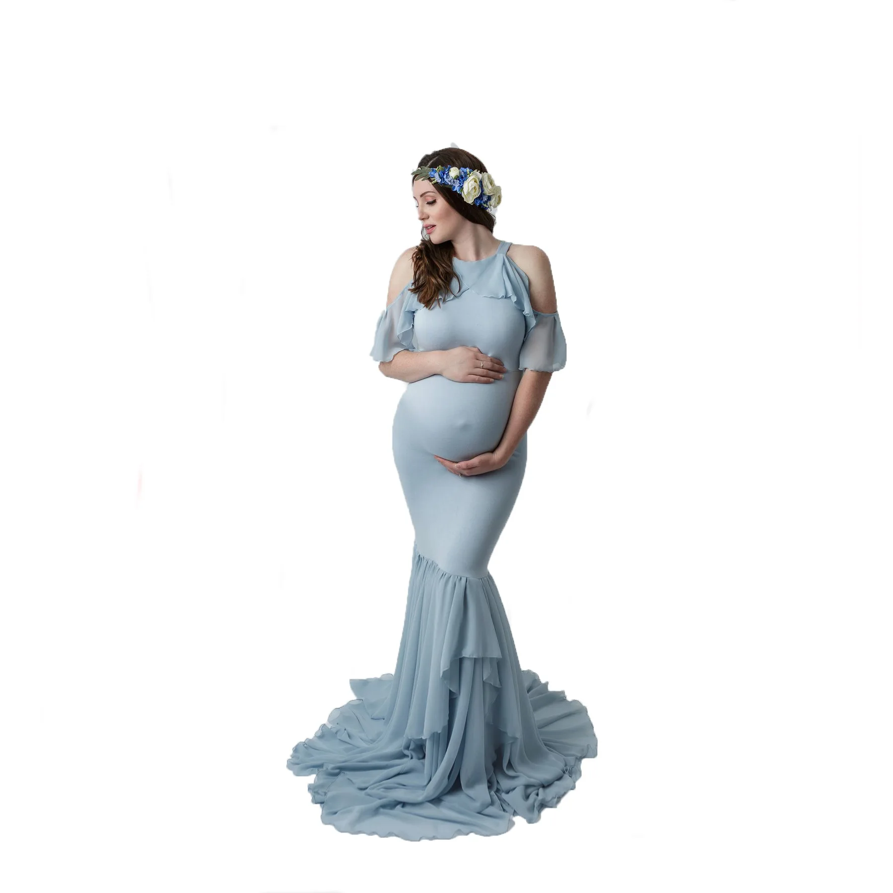 

Sexy Maternity Dresses For Photo Shoot Double Layer Hemlines Pregnant Women Maxi Gowns Photography Props Shoulder Straps Clothes