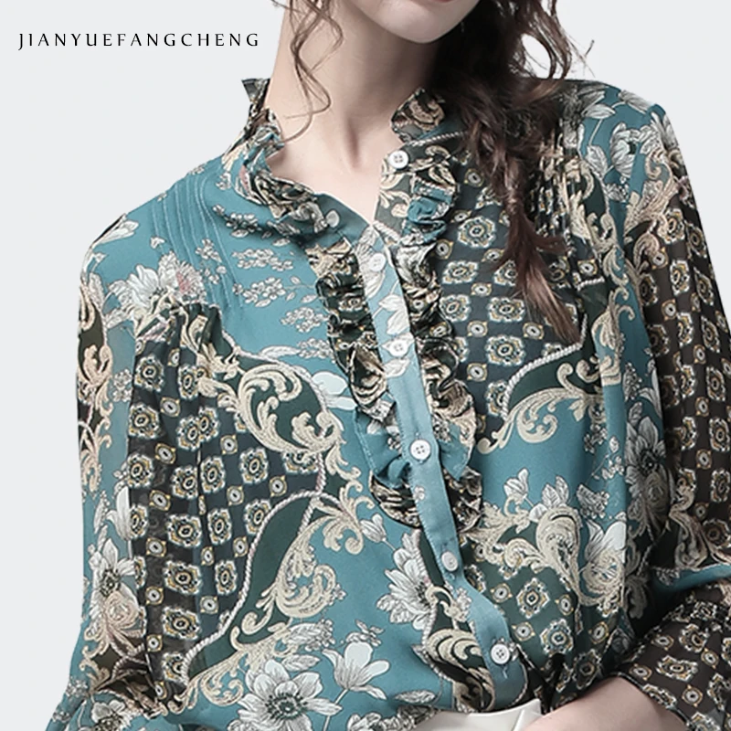 

Women' Shirt Elegant Sunflowers Printed Chiffon Top Stand Ruffled Collar Flared Sleeve Women Summer Tops Plus Size Green Shirts