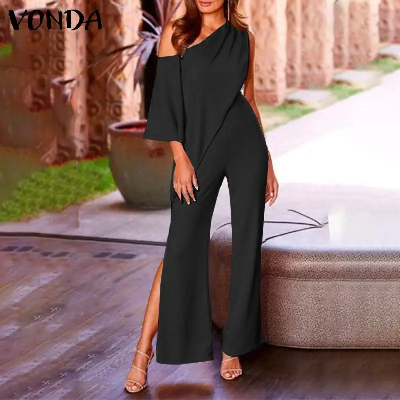 

Sexy One Shoulder Long Jumpsuits 2021 VONDA Women Party Jumpsuits Loose Solid Color Office Overalls Pantalon Femme Streetwears