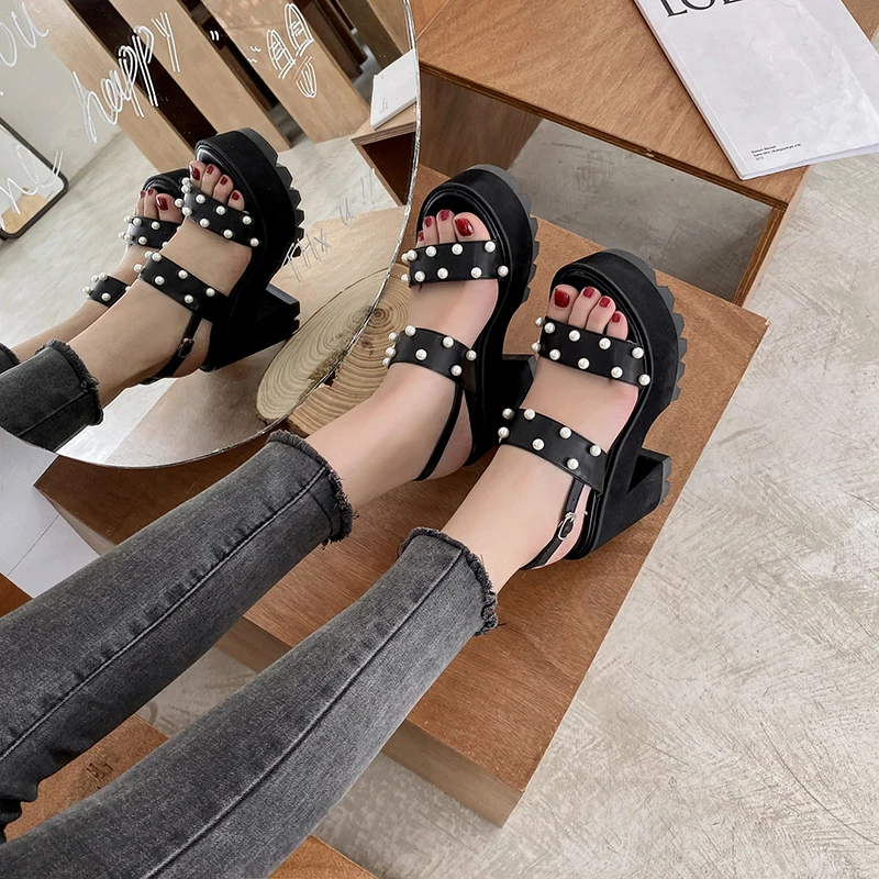 

Women Sandals Summer 2021 Black High Heels Sandals Pearl Chunky Heels Punk Platform Gladiator Sandals Sandale Femme