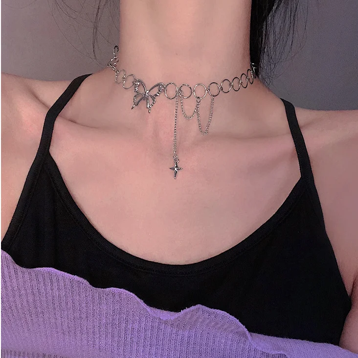Корейское ожерелье в стиле панк с бабочкой, модные украшения для женщин, серебряное покрытие, хип-хоп звено цепи, вечеринка, ювелирные изделия.
