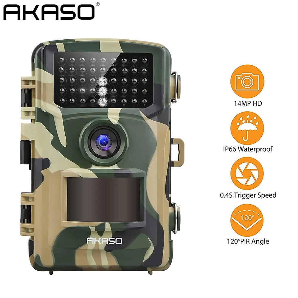 AKASO Trail игровая камера 14MP 1080P ночное видение дикая природа Охота Скаутинг Cam IP66 водонепроницаемый 120 ° угол Дикая камера Экшн-камера