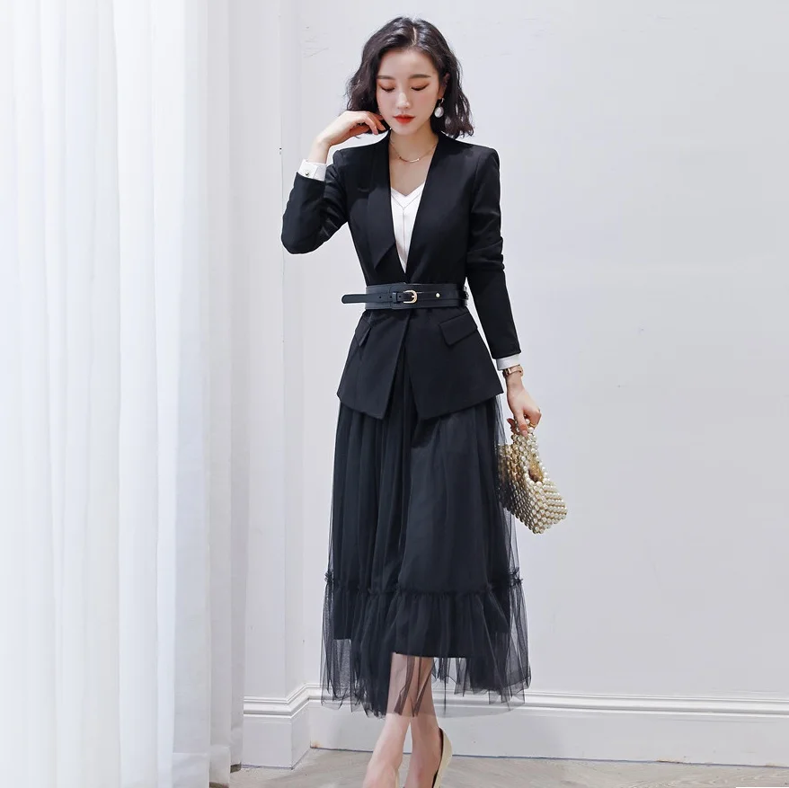 Офисный женский черный Блейзер женские деловые костюмы с юбкой и курткой одежда