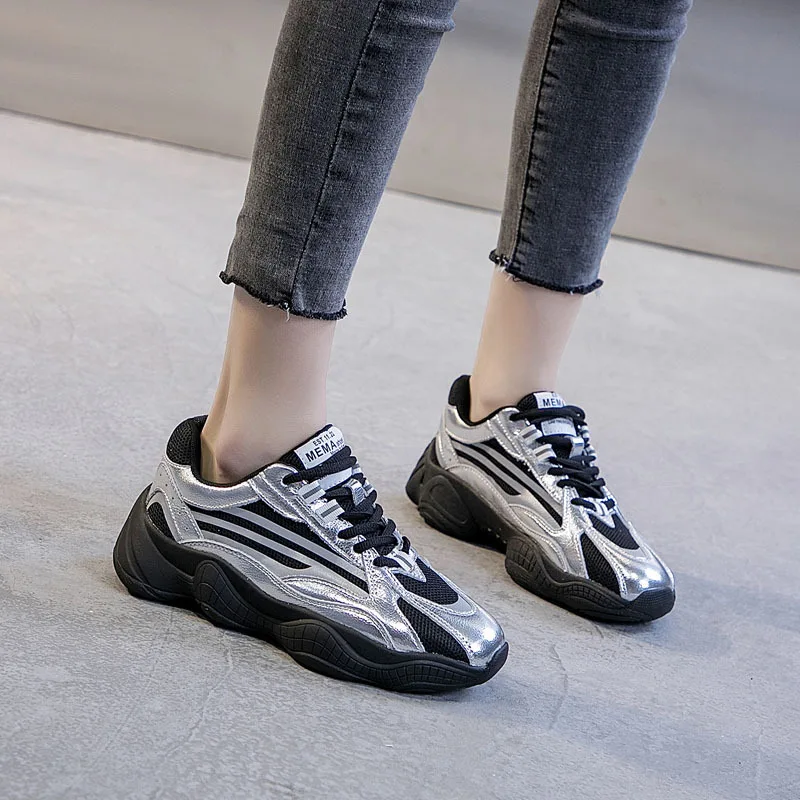 Новые дышащие Серебристые Туфельки для осени светоотражающая повседневная