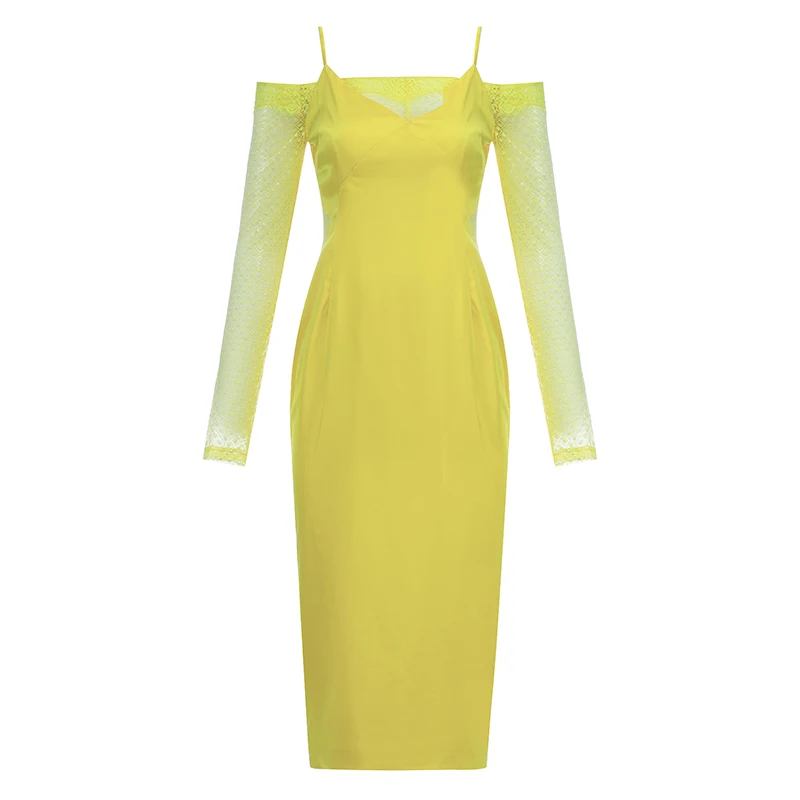 

Beateen Cold Shoulder Sexy Lace Long Sleeve Midi Dress Hollow Out Women Slim Satin Party 2019 New Fashion Vestidos