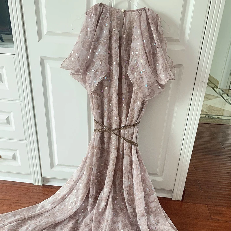 

VGH Floral Print Elegant Dress For Women O Neck Sleeveless High Waist Bandage Slim A Line Midi Dresses Female 2021 Summer Style