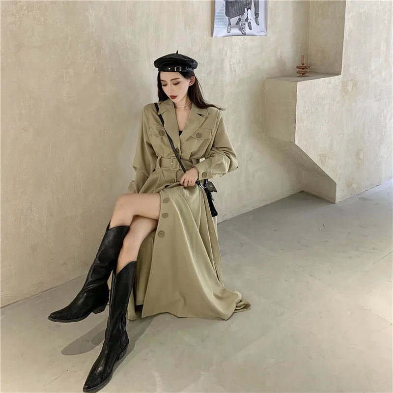 Тренч женский длинный в британском стиле элегантный классический цвета хаки и