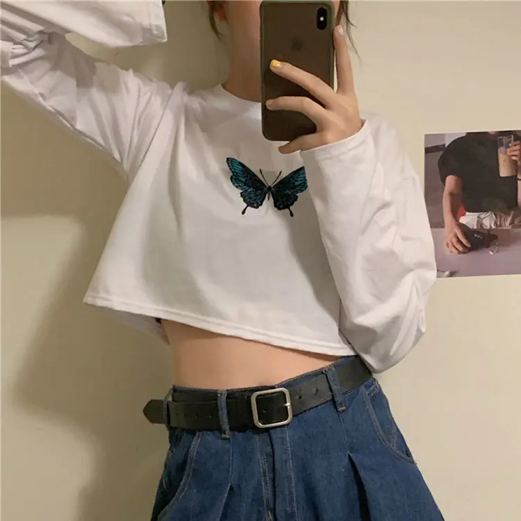 

QWEEK Cotton Woman Tshirts Fashion 2021 Sexy T Shirt Women Long Sleeve Print Short Tops Loose Streetwear Black Graphic T Shirts