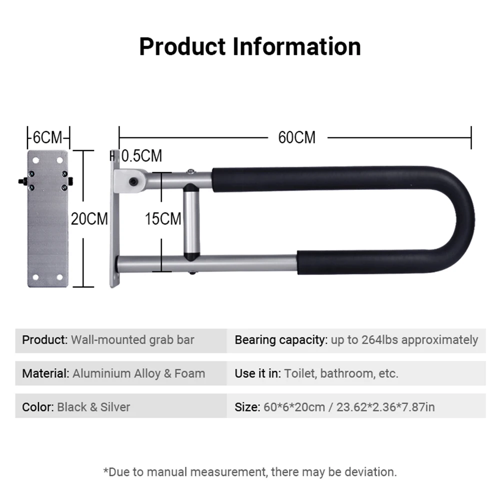 

Black Bathroom Grab Bar Handle Flip-up Screw-in Toilet Safety Rail Hand Grip Home Healthy Care Equipment for Elderly Disabled