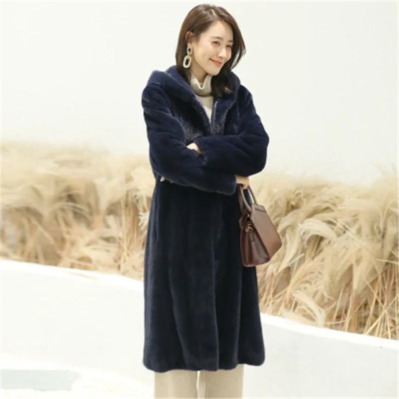 New imitation mink coat women's long section thick warm hooded fur loose large size high-end Solid color jacket 844 | Женская одежда
