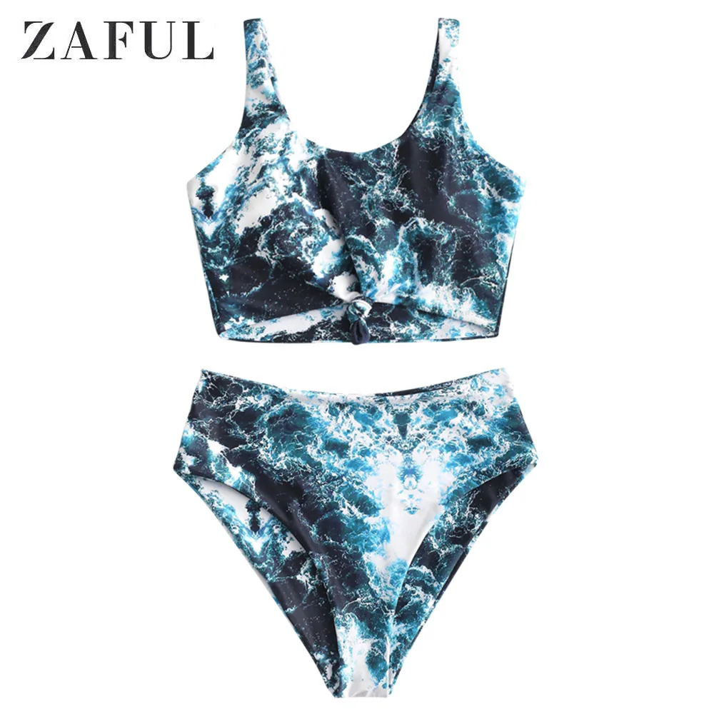 

ZAFUL Seawater Print Knot High Waisted Tankini Swimsuit