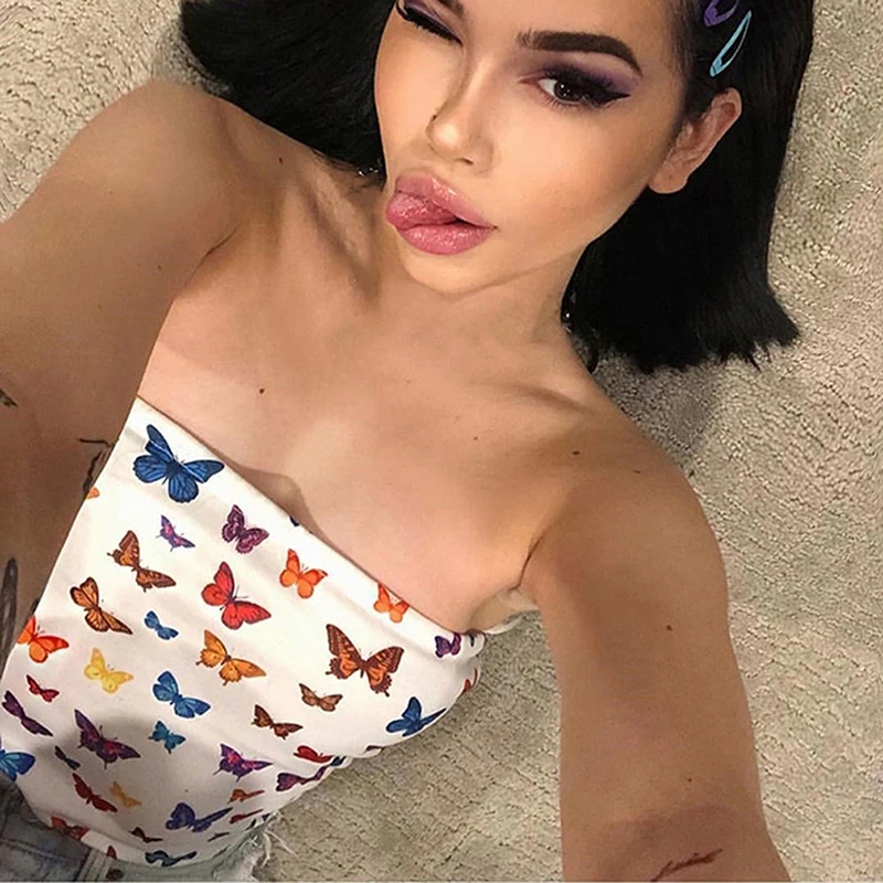 2020 летний женский топ с принтом бабочки Сексуальный Бюстгальтер бандо без