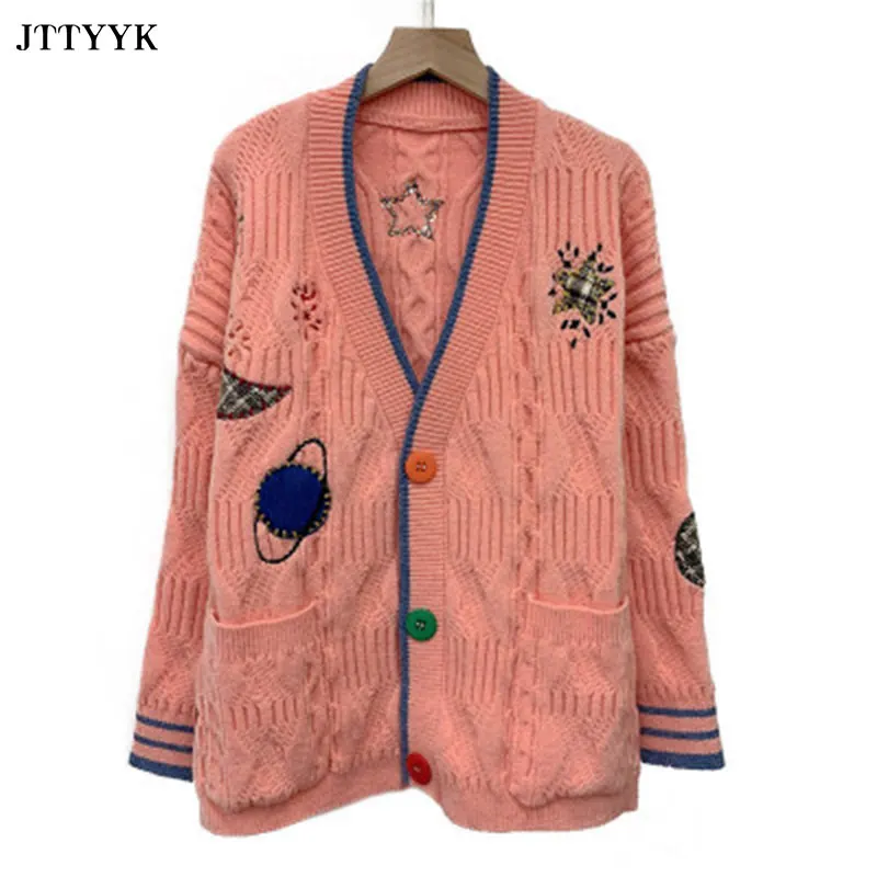

Short Long-sleeve Sweater Coat Womens Lazy Wind Loose Knit Cardigan Coat 2020 New Autumn and Winter Embroidery Sweater Women Top