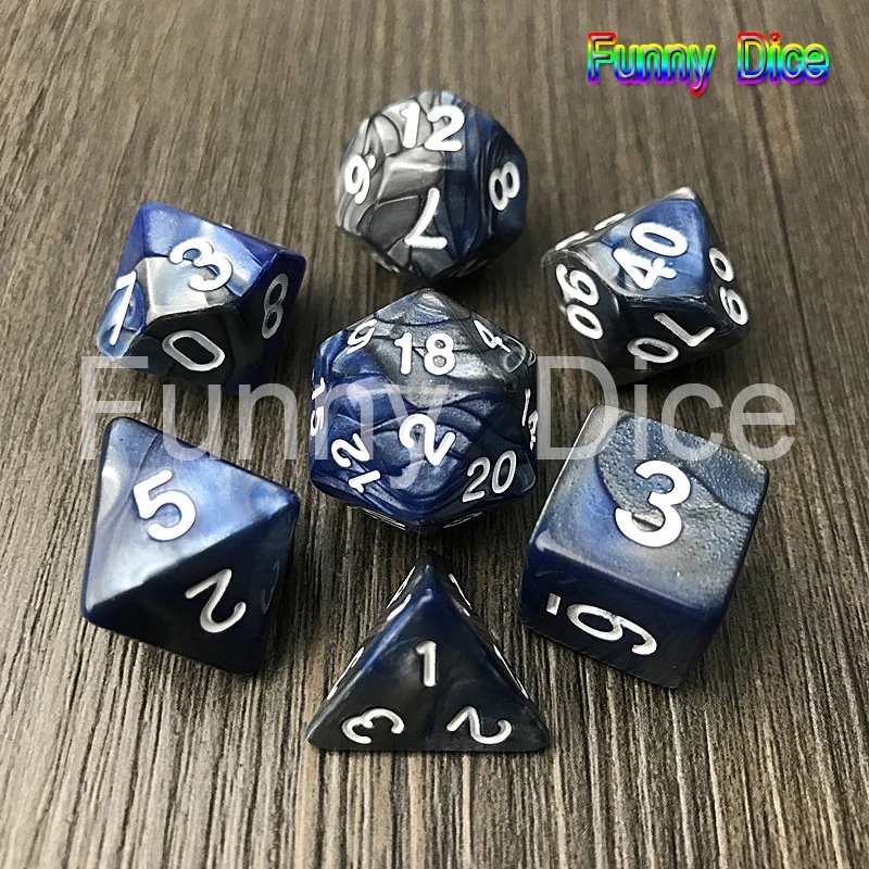Blue Grey Новое поступление 7 шт. 2-х цветный набор Игральный костей с Туманность эффект d& игральная кость комплект d4, d6, d8, d10, d%, d12, d20 многогранные кубики, ролевые игры кубик для настольной игры - Цвет: Blue Grey