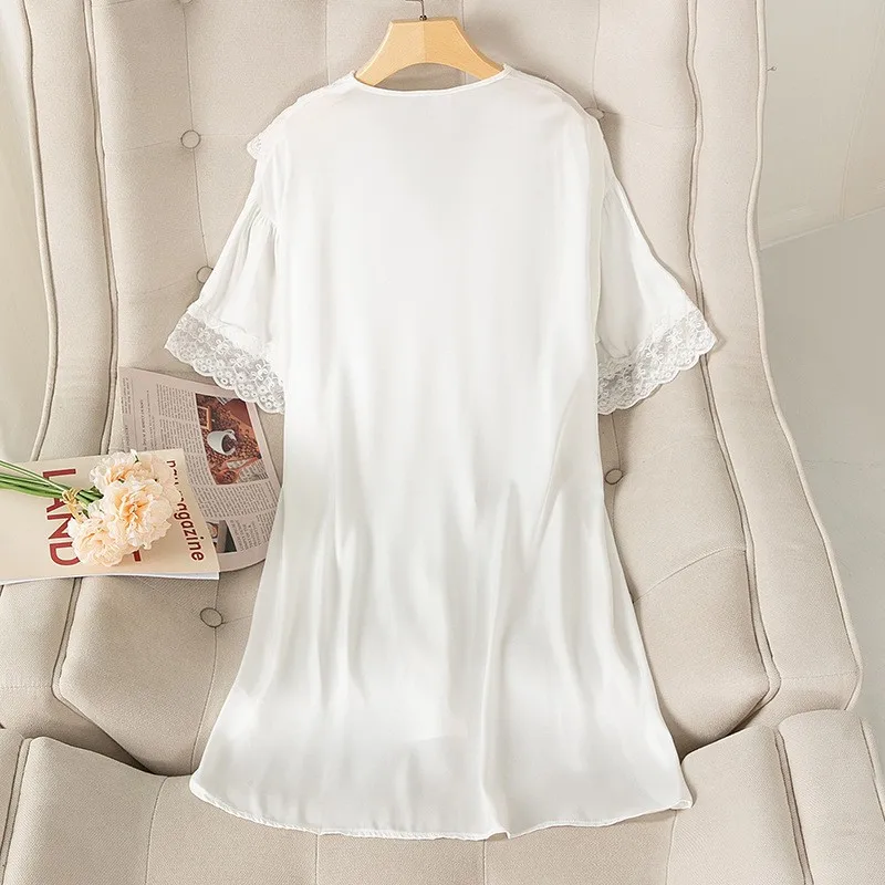 Summer New V-neck Leopard Nightgown Women Sleep Dress Satin Nightdress Lingerie Casual Sleepwear Home Dressing Gown Nightwear