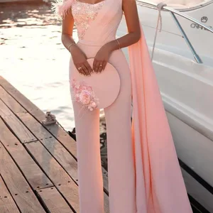 2021 New sequined feather one-shoulder pink evening dress for ladies elegant sexy nightclub pants ju