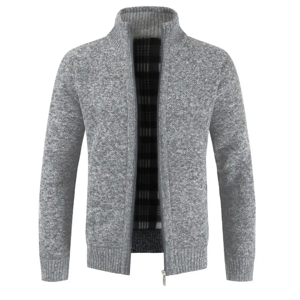 

Autumn Winter Men Knitted Sweater Pockets Plush Liner Warm Slim Cardigan Coat
