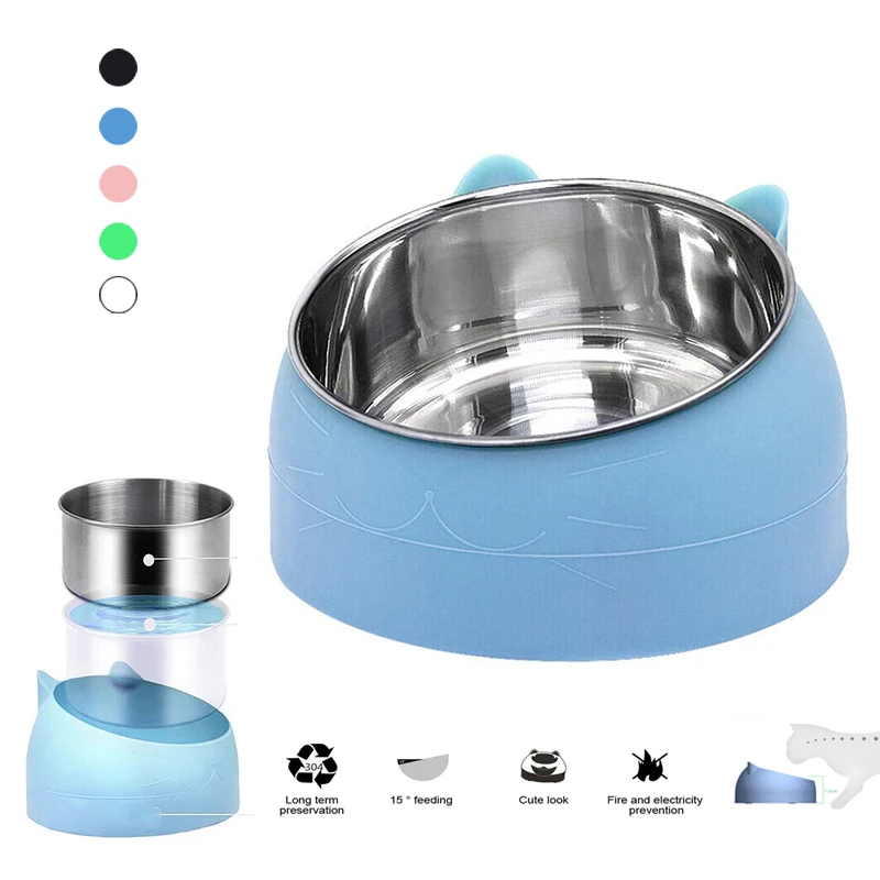 

Cat Dog Bowl 15 Degrees Tilted Stainless Steel Cat Bowl safeguard Neck Puppy Cats Feeder Non-slip Crashworthiness Base Pet Bowls