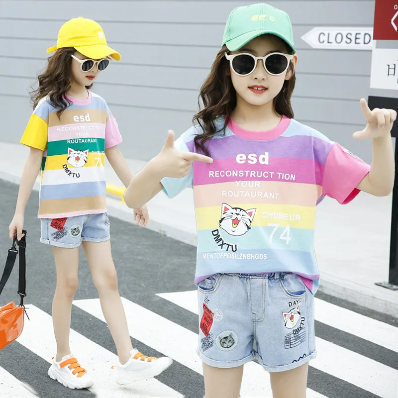 3 6 10 14 New Teenage Girls Clothing Sets Summer Toddler Kids Clothes T-shirt Jeans 2pcs Outfits Children Tracksuit Suit | Детская