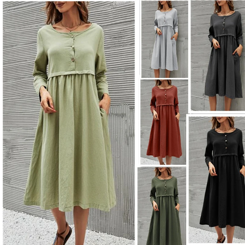 

AWASIR 2021 fashion women casual dress round neck loose button pocket cotton linen medium sleeve solid dress