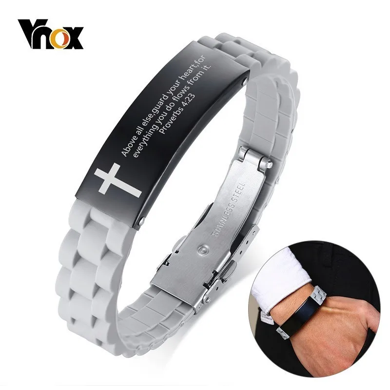 

Vnox Stainless Steel Religious Quote Faith Christian Bible Verse Inspirational ID Wristband Cross Bracelets for Men Custom Gift