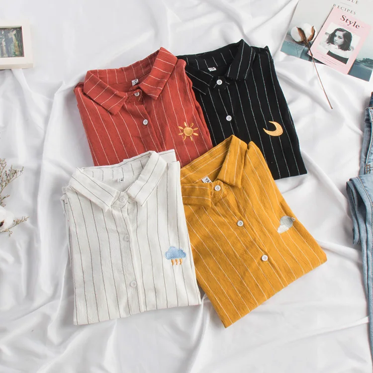 Женская полосатая блузка в стиле Харадзюку с вышивкой Луны корейские Дамские