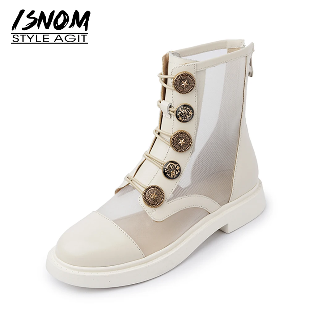 

Женские сетчатые дышащие ботинки ISNOM, босоножки из натуральной кожи на низком толстом каблуке с круглым носком и пряжкой-молнией, Повседнев...