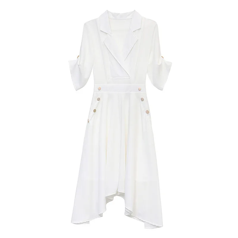 

Summer White Dress Women 2021 New Fashion Korean Suit Collar Slim Temperament Irregular Midi Dresses Female JD1446