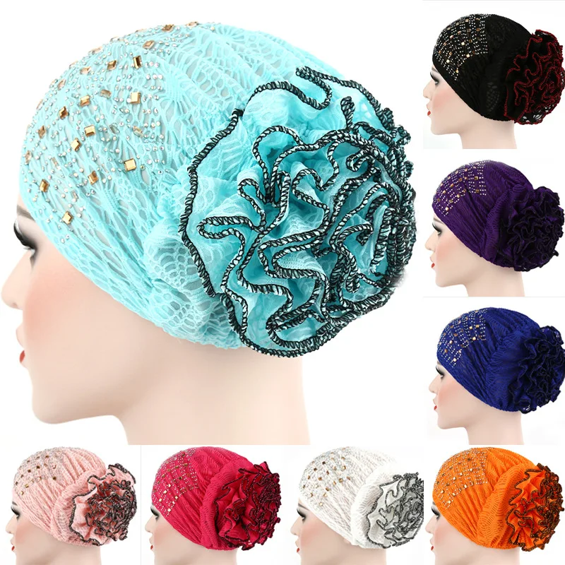 

Trendy muslim hijab bonnet Indian arab turban cap with diamond solid cotton flowers hijab caps for women islamic wrap turbantes