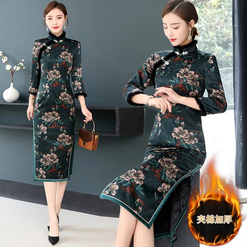 Винтажное хлопковое теплое китайское женское жаккардовое платье cheongsam Осень и зима Новинка