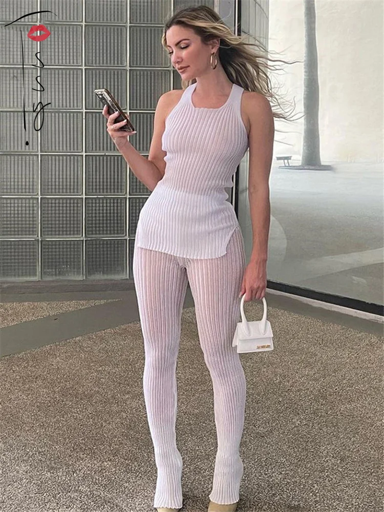 

Tossy White Ribbed Knit Two Piece Set For Women 2021 New See Through Skinny Jumpsuit Matching Set Outfits High Street Pants Sets