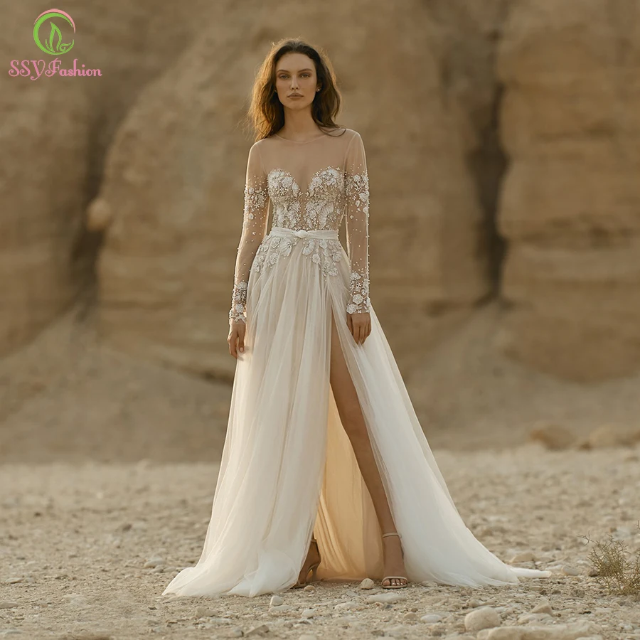 

SSYFashion White Long Sleeve Evening Dress Scoop Court Train Lace Appliques Beading Beach Formal Party Gowns for Women Vestidos