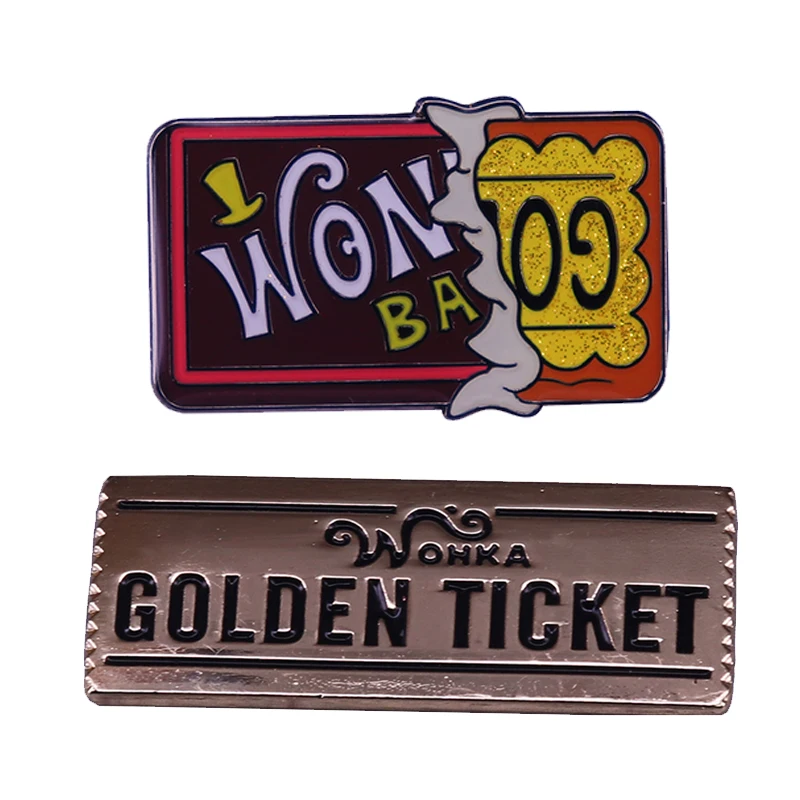 Золотая эмалированная брошь Willy Wonka в виде билета с завода Чарли ведер | Украшения