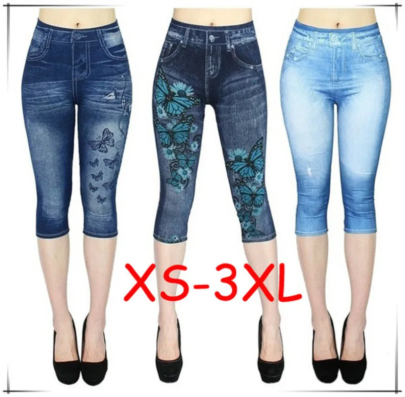 

Imitation Denim Leggings Women Cropped Trousers Printed High Waist Trousers Stretch Slimming Hip Pants Faux Jeans Short Tights